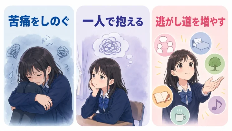 苦痛を一人でしのいでいるときは、逃がし方の選択肢を少しずつ増やすことが大切です。