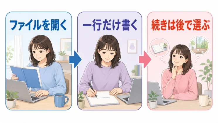 ファイルを開いて一行だけ書き、続けるかは後で選ぶと着手の重さを下げられます。