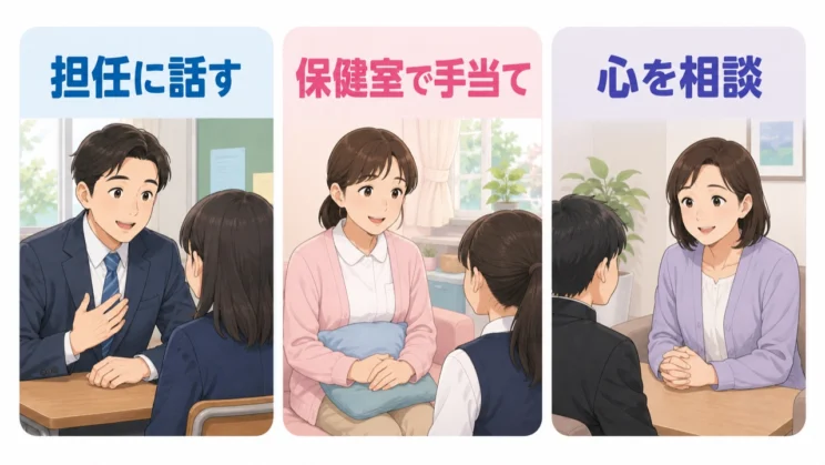 担任、養護教諭、スクールカウンセラーが役割を分けることで、一人の先生だけに負担が集中するのを防ぎます。