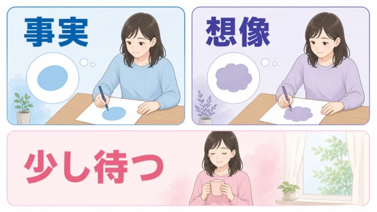 事実と想像を書き分け、すぐ確認せず少し待つことが、不安との新しい付き合い方になります。