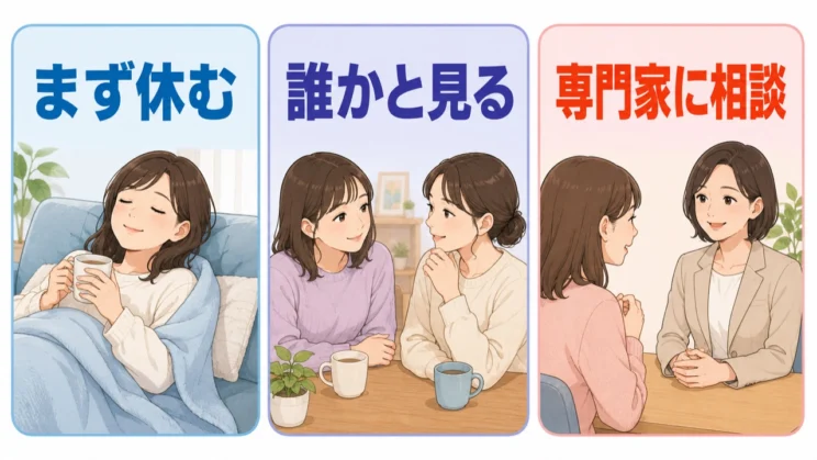 苦しさが続くときは、まず休み、信頼できる人や専門家と一緒に状態を見てかまいません。