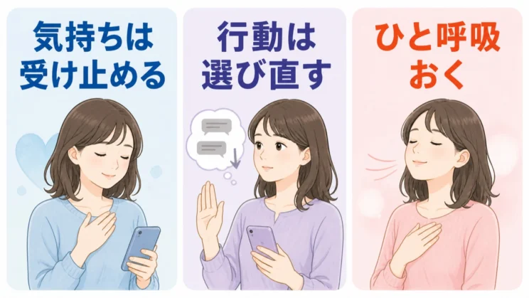 つながりたい気持ちは受け止めたまま、催促などの行動だけを選び直し、ひと呼吸おくことができます。