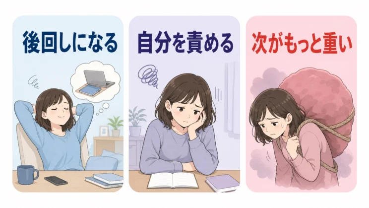 先延ばしの後に自分を責めるほど、次の一歩はさらに重くなりやすくなります。