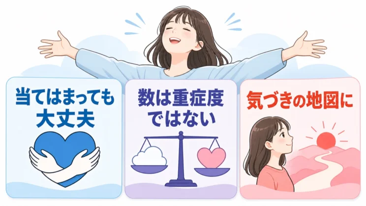 当てはまる数は重症度ではなく、自分を知るための手がかりとして眺めてかまいません。