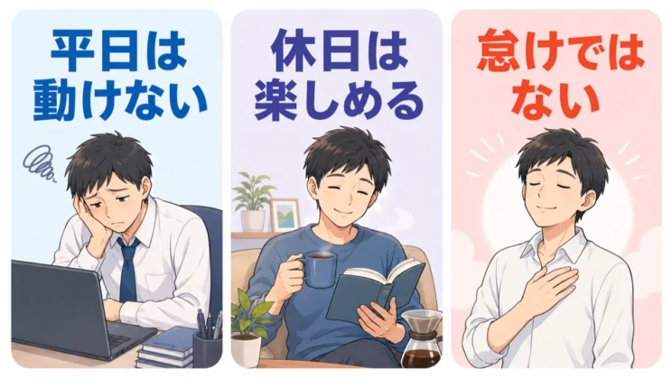 平日だけ動けず休日は楽しめる落差があっても、怠けと決めつけず心の消耗を見ていきましょう。