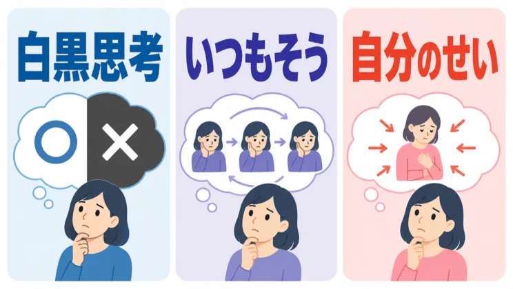白黒思考や一般化、個人化など、自分に起こりやすい思考の癖に気づくことが最初の手がかりです。