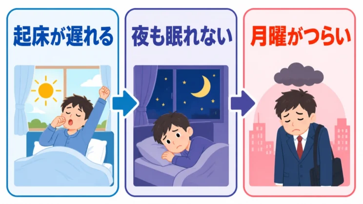 休日の起床が遅れると夜の眠気も後ろへずれ、月曜の朝まで重さが残りやすくなります。