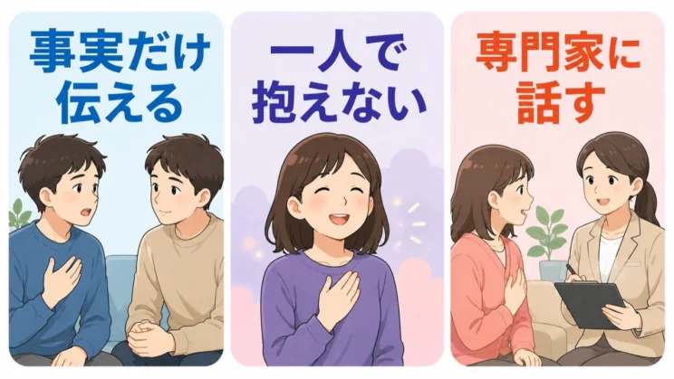 まず事実だけを伝え、一人で抱えず、必要に応じて専門家へ話す道を選べます。