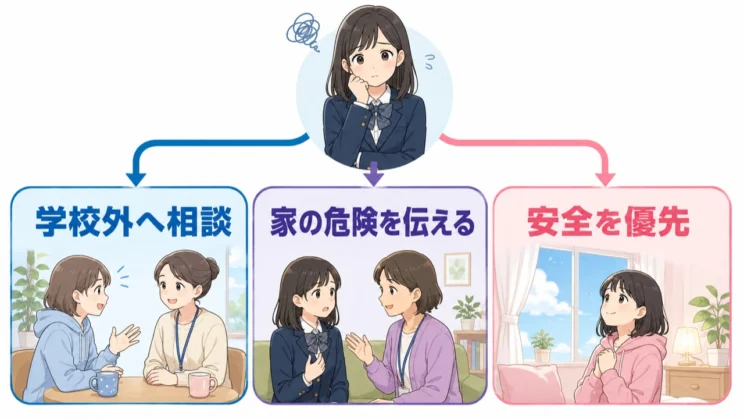 家庭に知られることが危険につながるなら、その危険を最初に伝え、家庭を通さない経路を選べます。