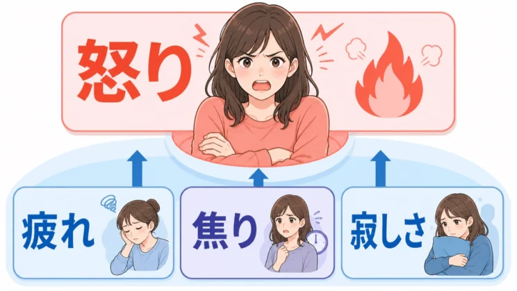 怒りの下に疲れや焦り、寂しさがないか見つめると、自分に必要な対処を選びやすくなります。