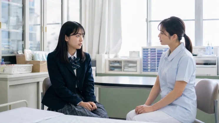 保健室では、理由をすべて話さなくても、体の安全と今のつらさから相談できます。