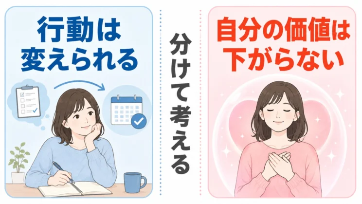 変えられる行動と変わらない自分の価値を分けると、責めるより立て直す方へ向かいやすくなります。