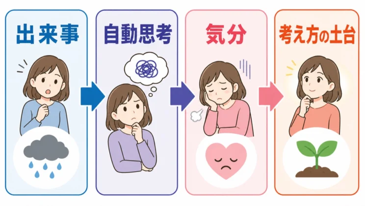 出来事から気分までの流れと、その奥の考え方の土台を分けると、クセの仕組みを捉えやすくなります。