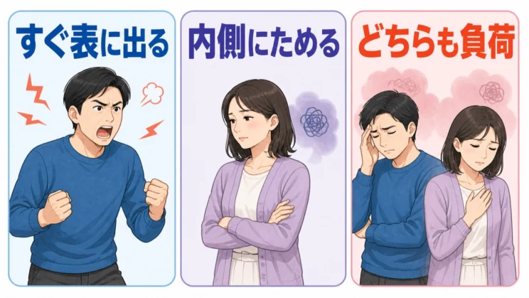 怒りがすぐ表に出る場合も内側にためる場合も、見え方が違うだけで心には負荷がかかっています。