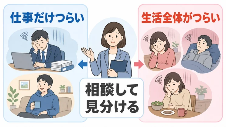仕事だけがつらい場合と生活全体につらさが広がる場合は重なることもあるため、相談して見分ける視点が大切です。