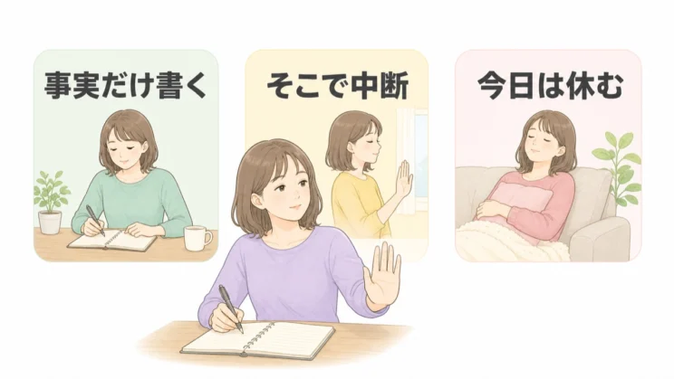 書くほどつらくなる日は、事実だけに絞る、中断する、休むという選択で自分を守れます。