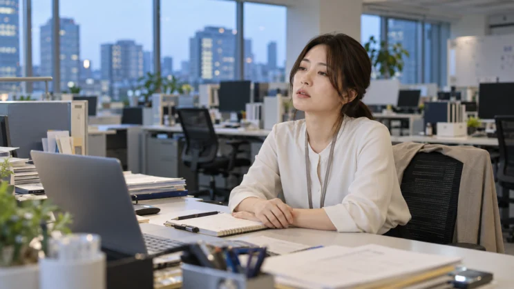 職場で仕事後に疲れを感じる日本人女性の写真