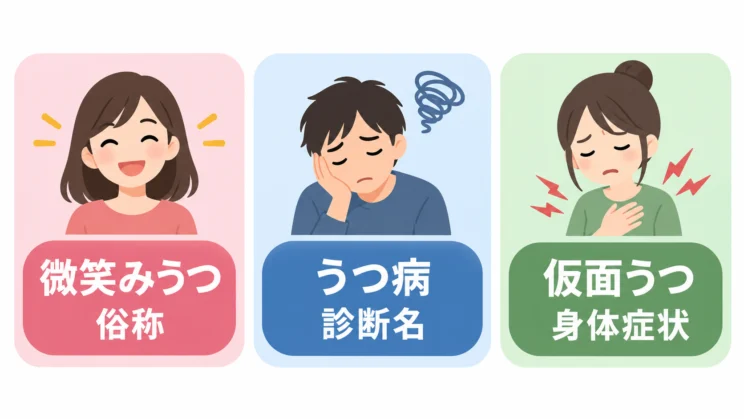 微笑みうつやうつ病などの呼び方を比較する図解