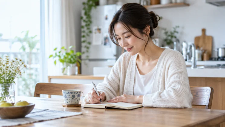 気分や睡眠をノートに書き留める日本人女性の写真