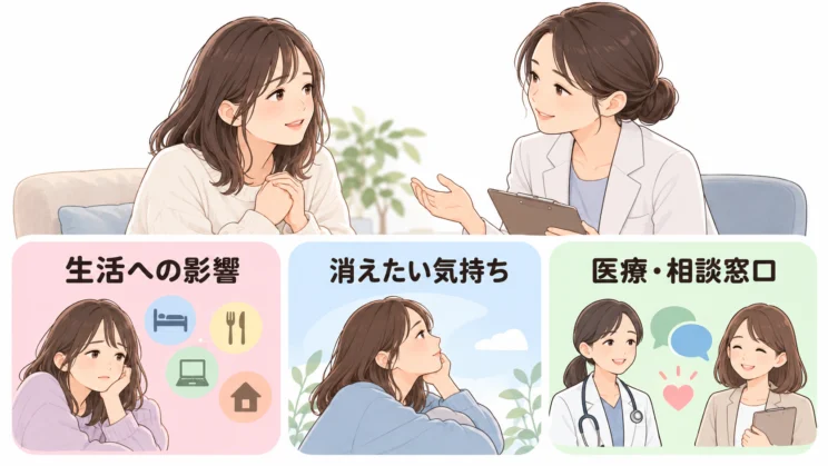 受診や相談の目安をカウンセラーと一緒に整理する図解